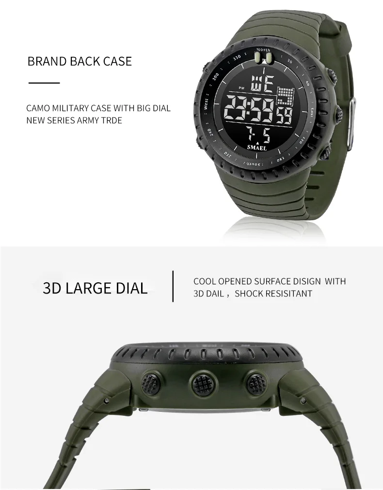 SMAEL Brand Men Electronics Watch Outdoor Sports Waterproof Big Dial Digital LED Alarm Digital-watch 1237 Sport Watch