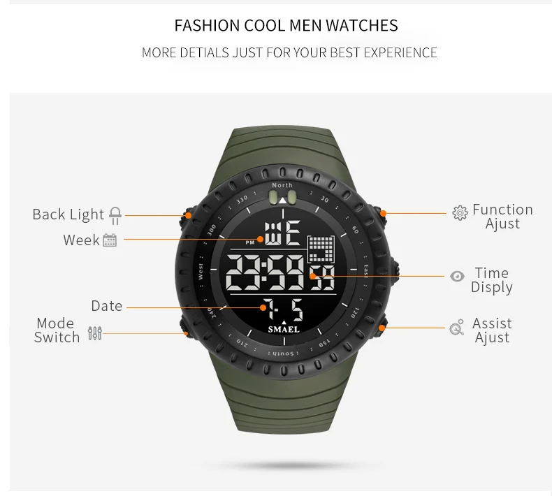 SMAEL Brand Men Electronics Watch Outdoor Sports Waterproof Big Dial Digital LED Alarm Digital-watch 1237 Sport Watch