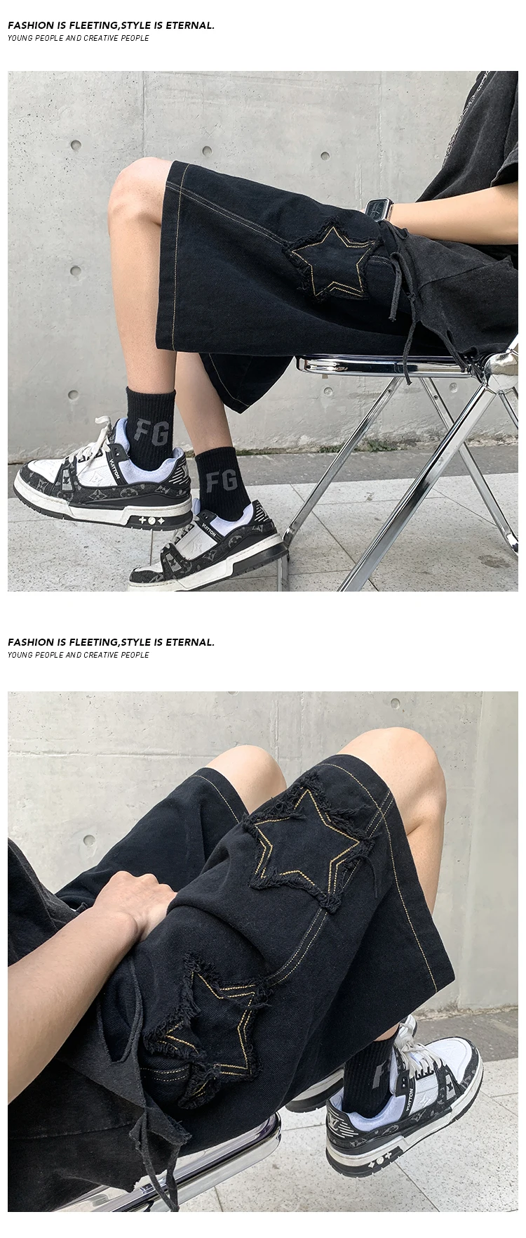 Vintage Star Patchwork Shorts Men Summer All-match Hot Sale Ulzzang Leisure Streetwear Chic Denim Short Pants Plus Size 5XL