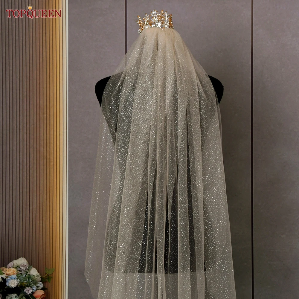 TOPQUEEN V101 Sparking Bridal Veil Glitter Wedding Veil Long 3M/5M Luxury Cathedral Wedding Veil Champagne Colored Wedding Veils