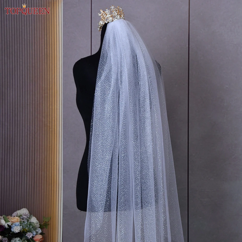 TOPQUEEN V101 Sparking Bridal Veil Glitter Wedding Veil Long 3M/5M Luxury Cathedral Wedding Veil Champagne Colored Wedding Veils