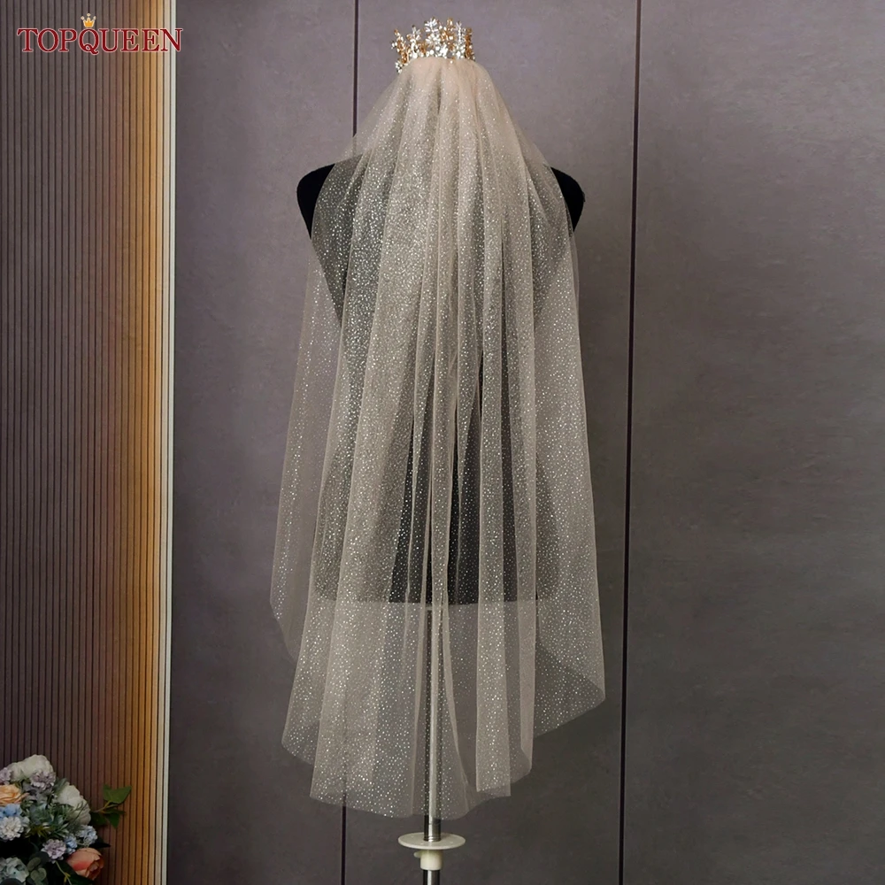 TOPQUEEN V101 Sparking Bridal Veil Glitter Wedding Veil Long 3M/5M Luxury Cathedral Wedding Veil Champagne Colored Wedding Veils