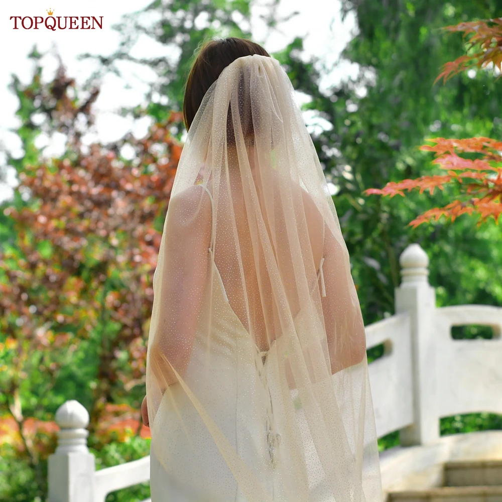 TOPQUEEN V101 Sparking Bridal Veil Glitter Wedding Veil Long 3M/5M Luxury Cathedral Wedding Veil Champagne Colored Wedding Veils