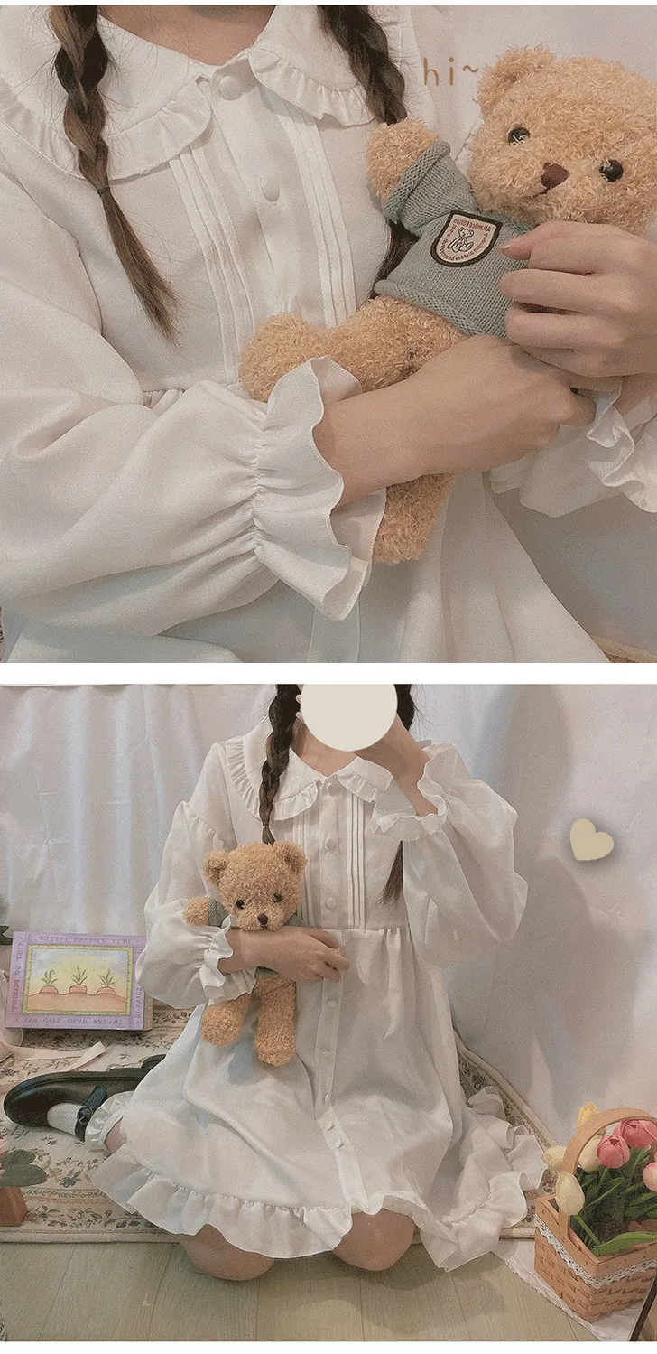 Japanese Sweet Girl Lolita Dress White 2021 Summer Kawaii Peter Pan Collar Cute Ruffle Puff Sleeve Drees Elegant Lady Dresses