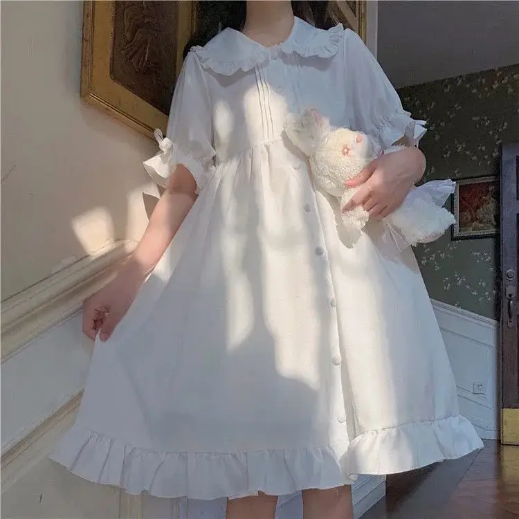 Japanese Sweet Girl Lolita Dress White 2021 Summer Kawaii Peter Pan Collar Cute Ruffle Puff Sleeve Drees Elegant Lady Dresses
