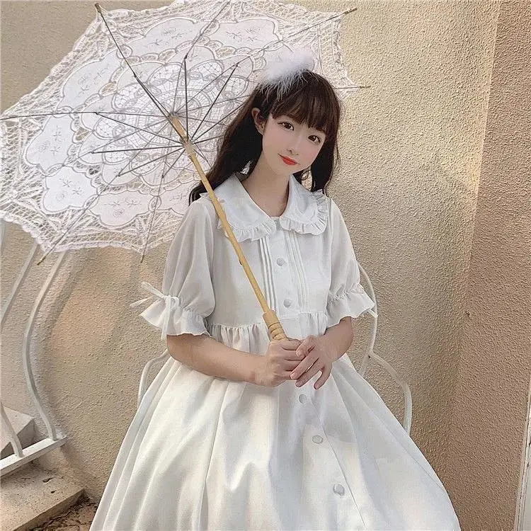 Japanese Sweet Girl Lolita Dress White 2021 Summer Kawaii Peter Pan Collar Cute Ruffle Puff Sleeve Drees Elegant Lady Dresses