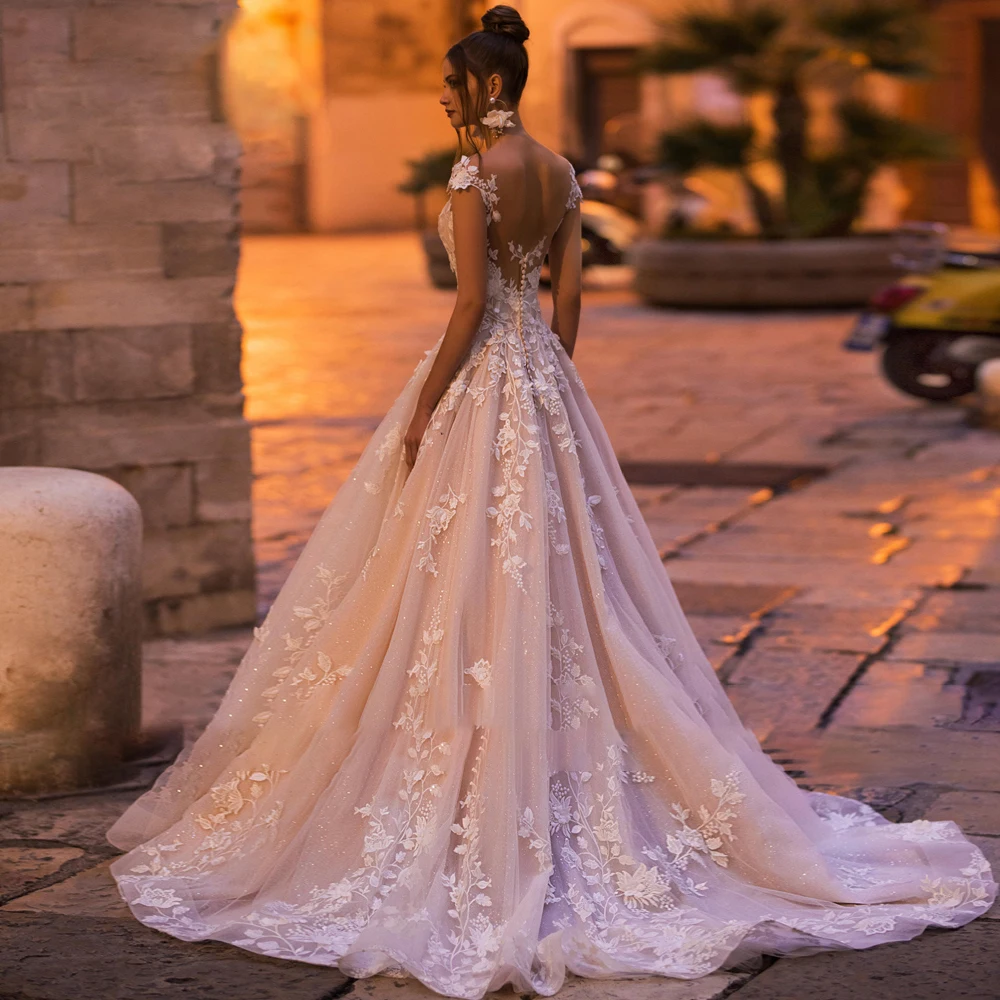 Graceful Wedding Dress Embroidered Lace With A-Line Ball Gowns O-Neck Sleeveless Bride Dress Robe De Mariee Glitter Customized