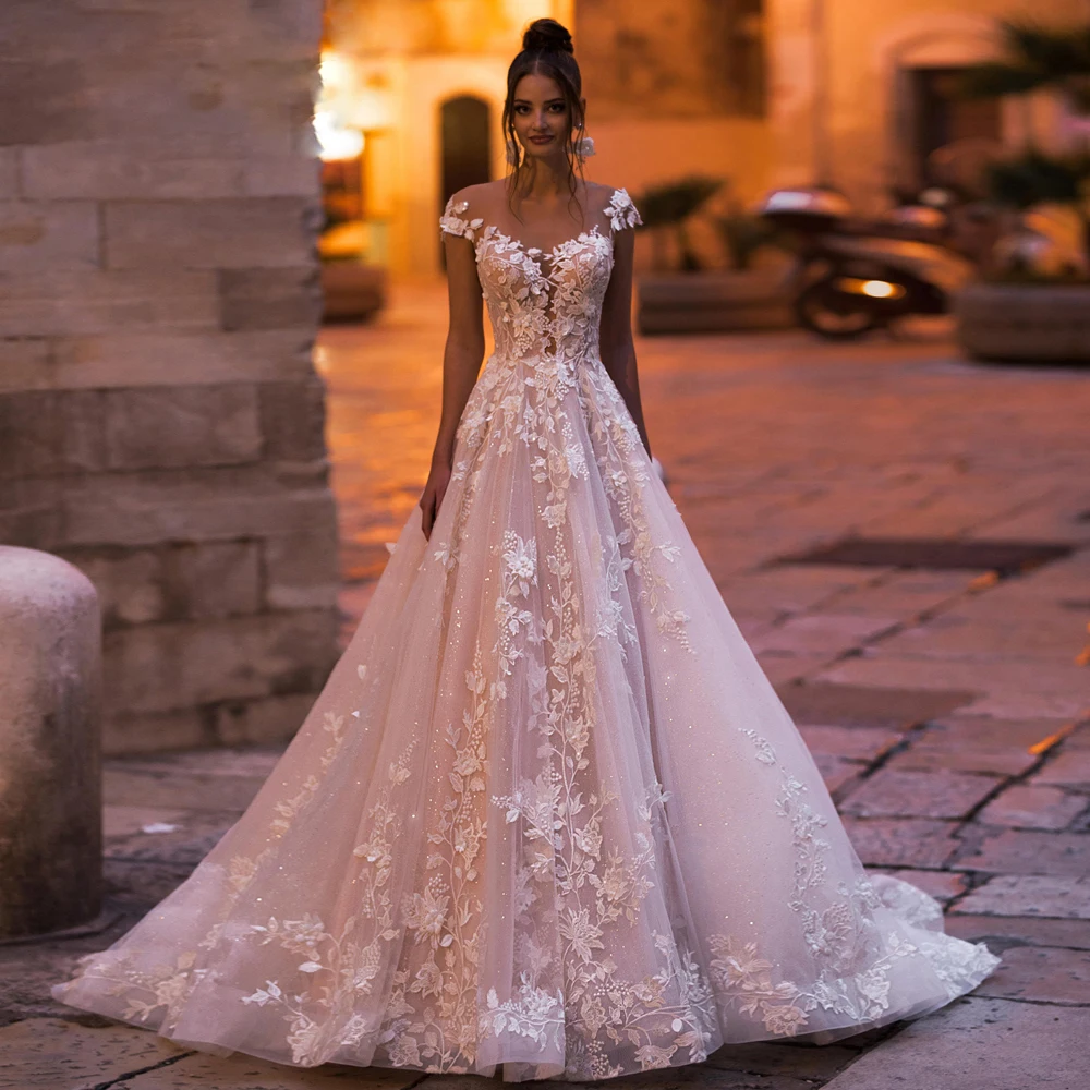 Graceful Wedding Dress Embroidered Lace With A-Line Ball Gowns O-Neck Sleeveless Bride Dress Robe De Mariee Glitter Customized