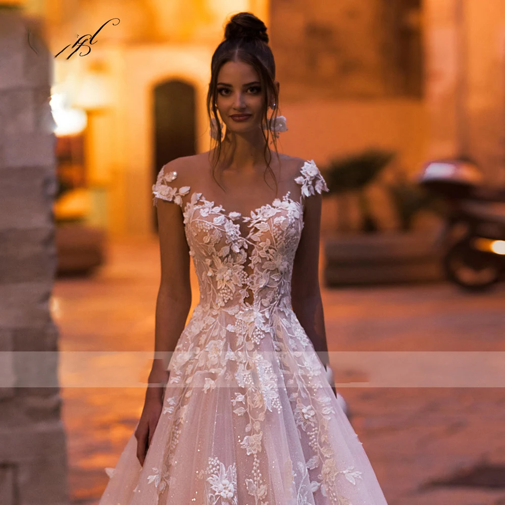 Graceful Wedding Dress Embroidered Lace With A-Line Ball Gowns O-Neck Sleeveless Bride Dress Robe De Mariee Glitter Customized