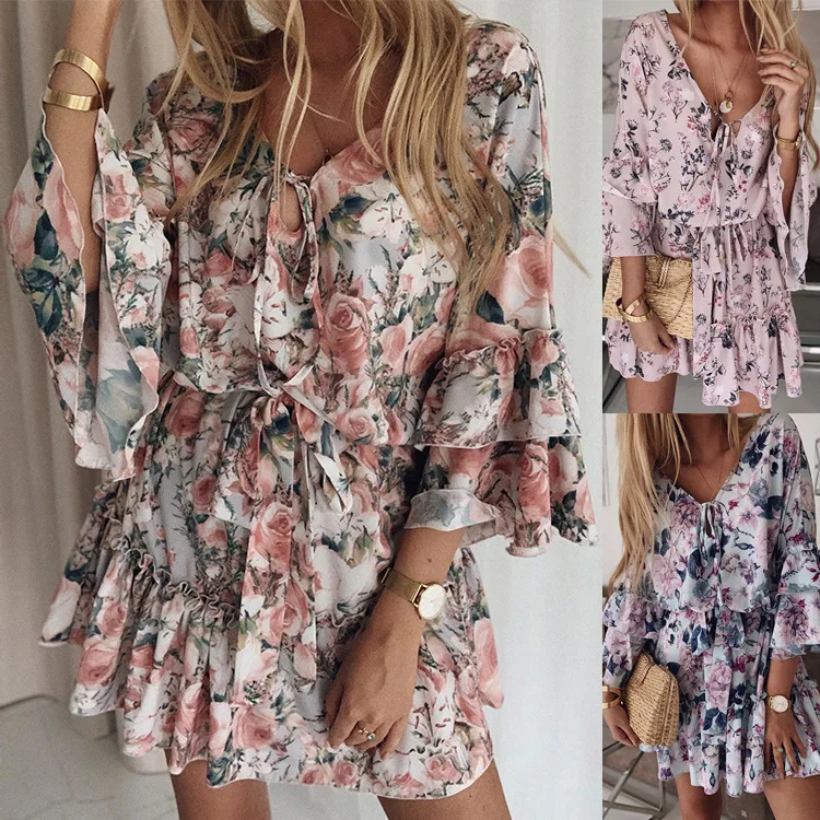 Elegant Floral Print A Line Dress Summer Bohemian V Neck Ruffles Chiffon Dress Women Casual Beach Party Mini Dress Oversized 2XL