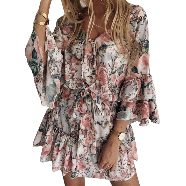 Elegant Floral Print A Line Dress Summer Bohemian V Neck Ruffles Chiffon Dress Women Casual Beach Party Mini Dress Oversized 2XL