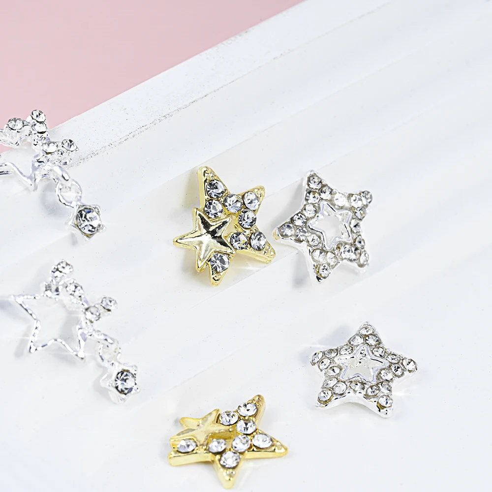 10pcs 3D Silver Pentagram Star Nail Art Alloy Rhinestone Luxury Metal Star Charms Nails Jewelry Gem Manicure Nail Art Decoration