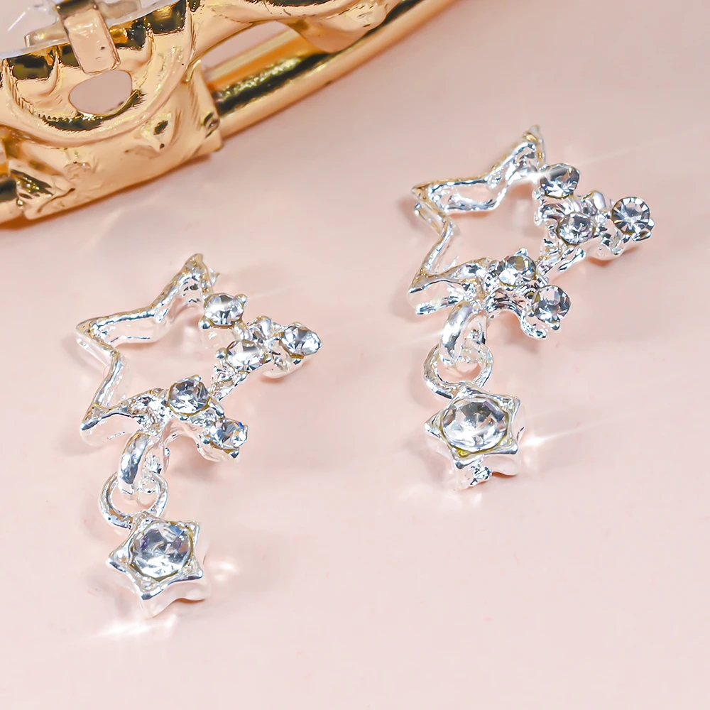 10pcs 3D Silver Pentagram Star Nail Art Alloy Rhinestone Luxury Metal Star Charms Nails Jewelry Gem Manicure Nail Art Decoration