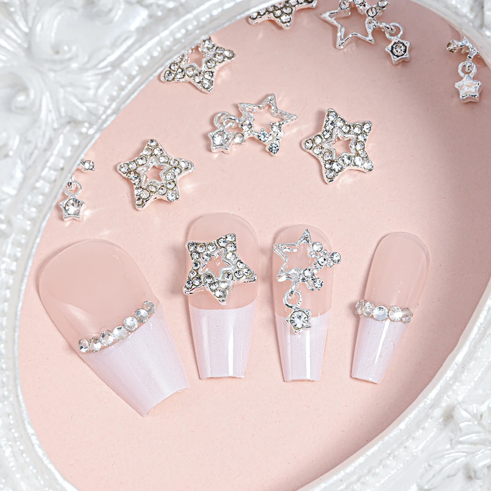 10pcs 3D Silver Pentagram Star Nail Art Alloy Rhinestone Luxury Metal Star Charms Nails Jewelry Gem Manicure Nail Art Decoration