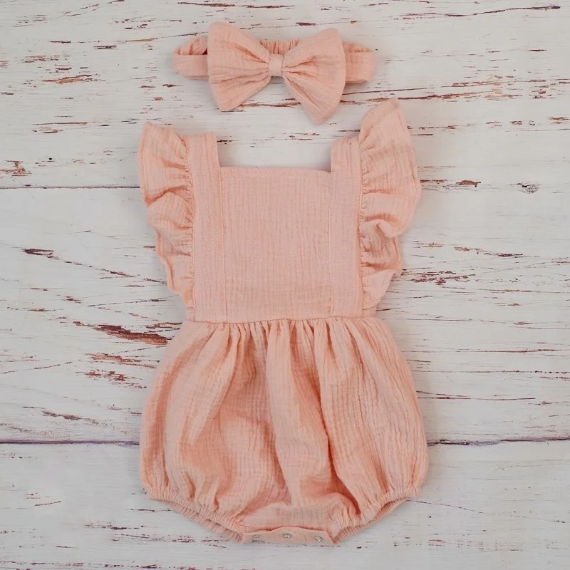 Organic Cotton Baby Girl Clothes Summer New Double Gauze Kids Ruffle Romper Jumpsuit Headband Dusty Pink Playsuit For Newborn 3M
