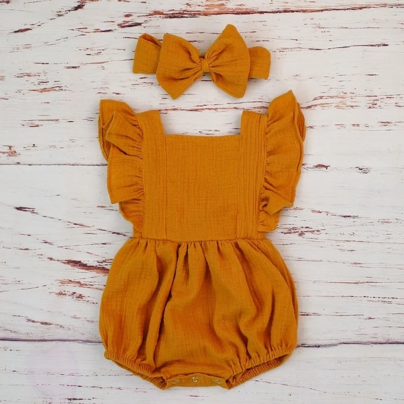 Organic Cotton Baby Girl Clothes Summer New Double Gauze Kids Ruffle Romper Jumpsuit Headband Dusty Pink Playsuit For Newborn 3M