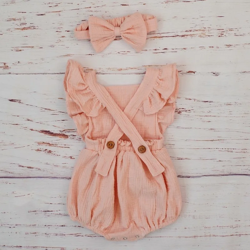 Organic Cotton Baby Girl Clothes Summer New Double Gauze Kids Ruffle Romper Jumpsuit Headband Dusty Pink Playsuit For Newborn 3M