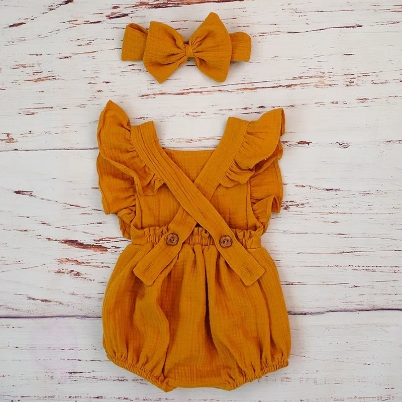 Organic Cotton Baby Girl Clothes Summer New Double Gauze Kids Ruffle Romper Jumpsuit Headband Dusty Pink Playsuit For Newborn 3M
