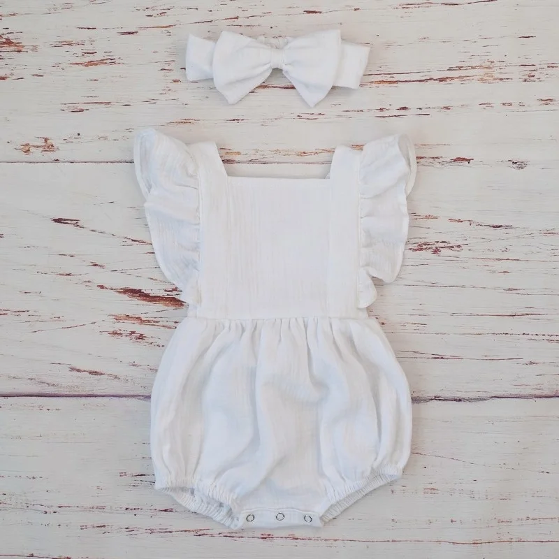 Organic Cotton Baby Girl Clothes Summer New Double Gauze Kids Ruffle Romper Jumpsuit Headband Dusty Pink Playsuit For Newborn 3M