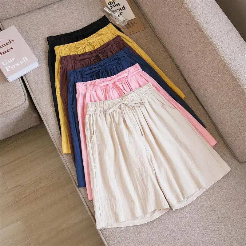 Women Cotton Shorts Summer Casual Solid Two Pockets Shorts High Waist Loose Shorts for Girls Soft Cool Female Shorts