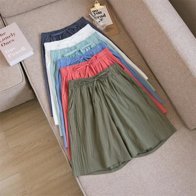 Women Cotton Shorts Summer Casual Solid Two Pockets Shorts High Waist Loose Shorts for Girls Soft Cool Female Shorts