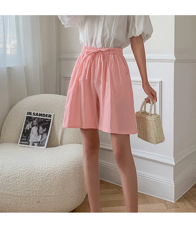 Women Cotton Shorts Summer Casual Solid Two Pockets Shorts High Waist Loose Shorts for Girls Soft Cool Female Shorts