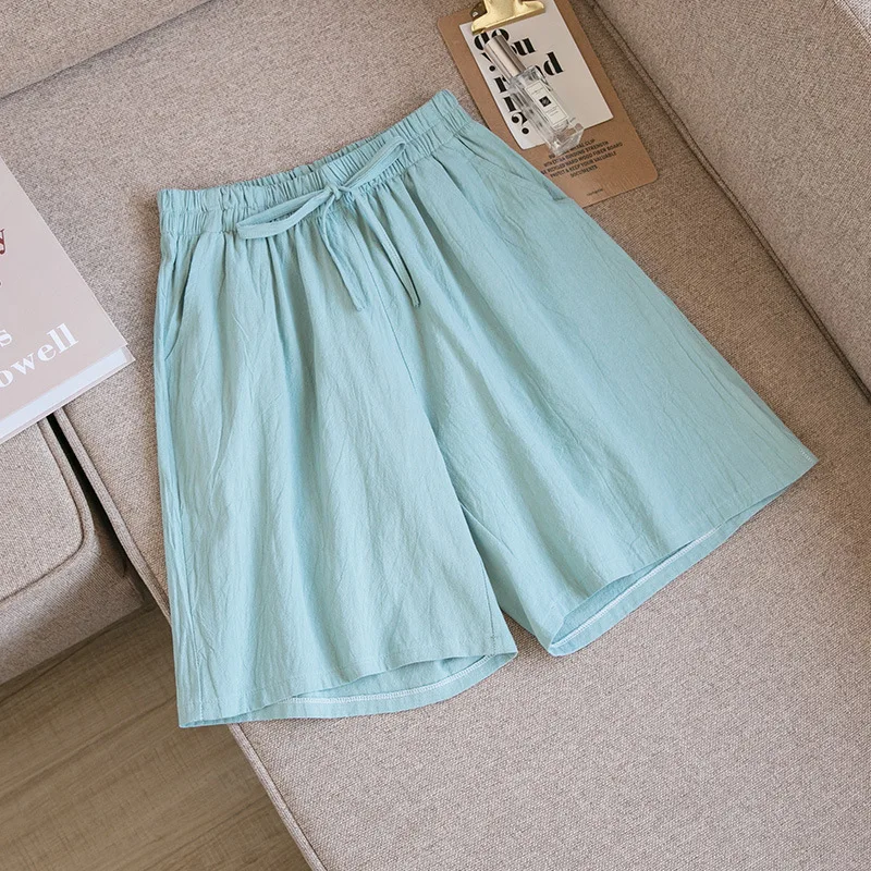 Women Cotton Shorts Summer Casual Solid Two Pockets Shorts High Waist Loose Shorts for Girls Soft Cool Female Shorts
