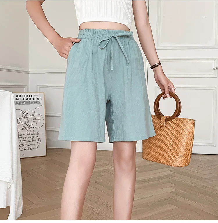 Women Cotton Shorts Summer Casual Solid Two Pockets Shorts High Waist Loose Shorts for Girls Soft Cool Female Shorts