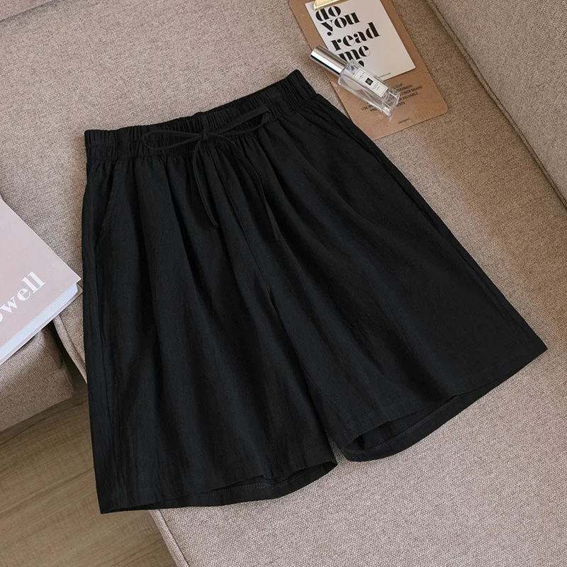 Women Cotton Shorts Summer Casual Solid Two Pockets Shorts High Waist Loose Shorts for Girls Soft Cool Female Shorts