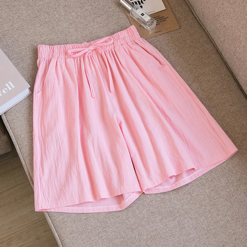 Women Cotton Shorts Summer Casual Solid Two Pockets Shorts High Waist Loose Shorts for Girls Soft Cool Female Shorts