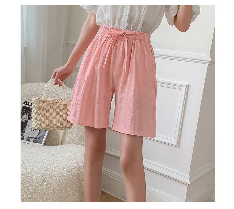 Women Cotton Shorts Summer Casual Solid Two Pockets Shorts High Waist Loose Shorts for Girls Soft Cool Female Shorts