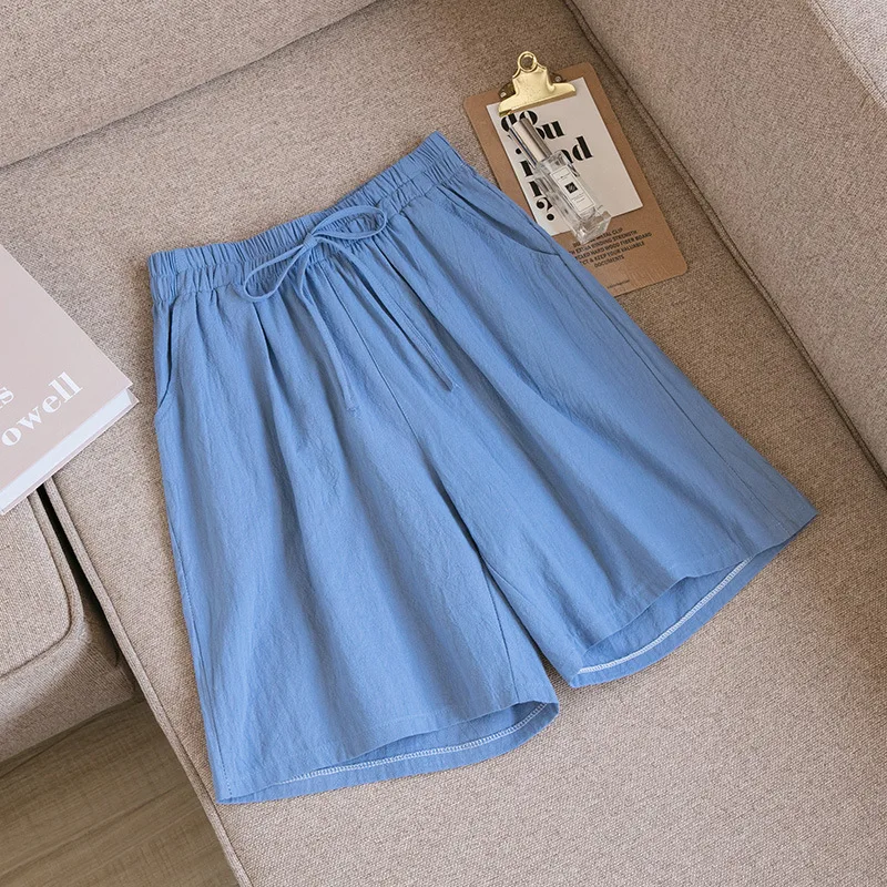 Women Cotton Shorts Summer Casual Solid Two Pockets Shorts High Waist Loose Shorts for Girls Soft Cool Female Shorts