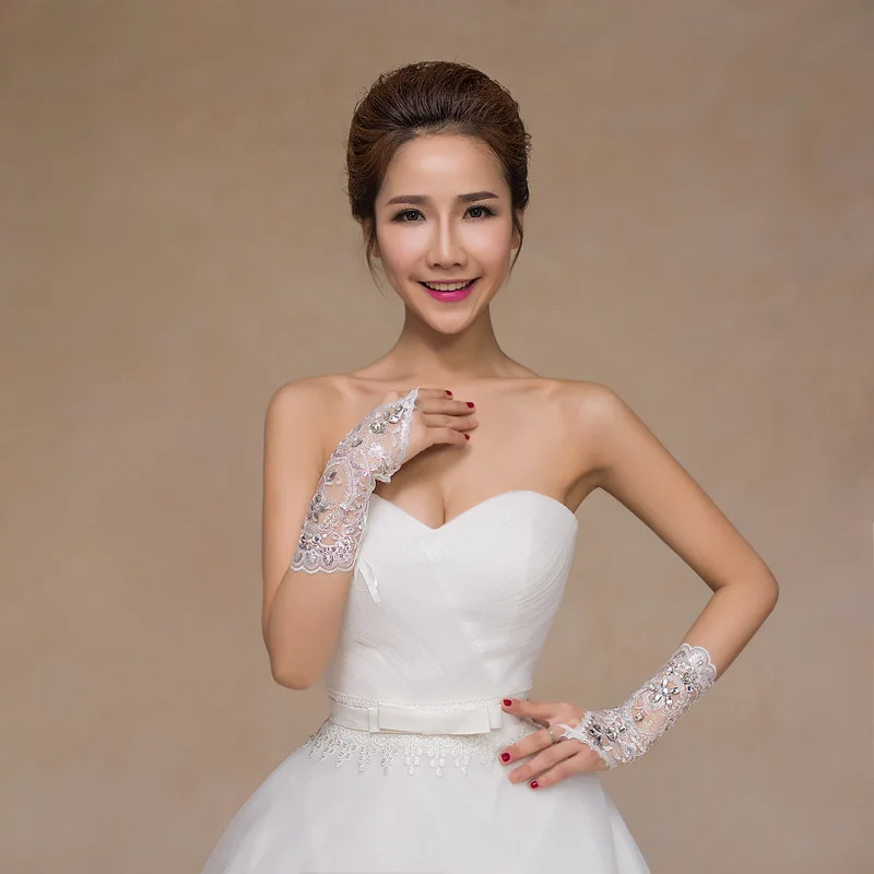 1 Pair White Short of Gloves Wedding Gown Accessories Fingerless Gloves Inlaid Rhinestone for Bridal Lace Glove