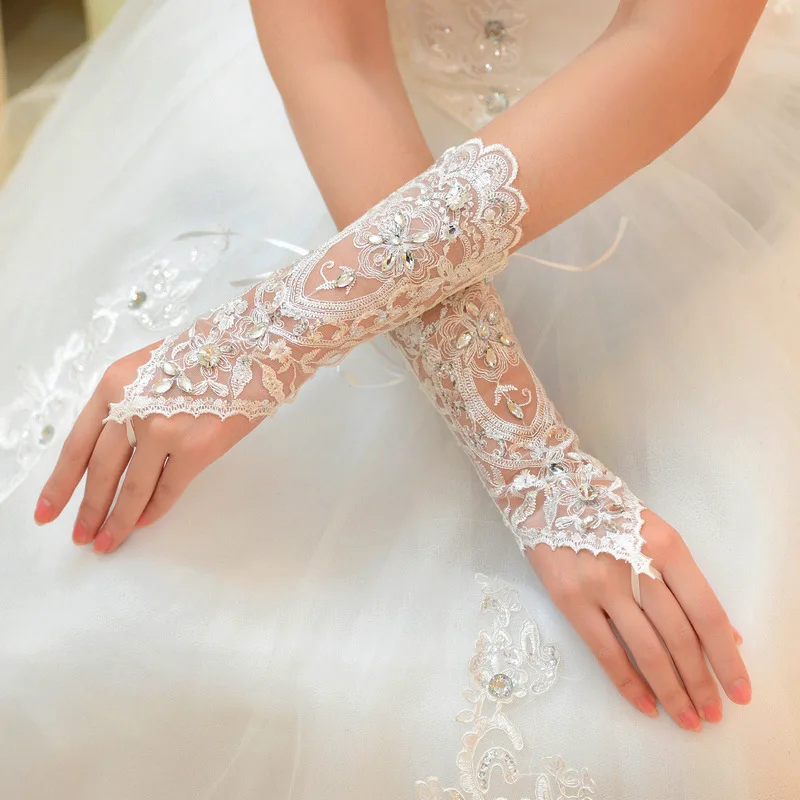 1 Pair White Short of Gloves Wedding Gown Accessories Fingerless Gloves Inlaid Rhinestone for Bridal Lace Glove