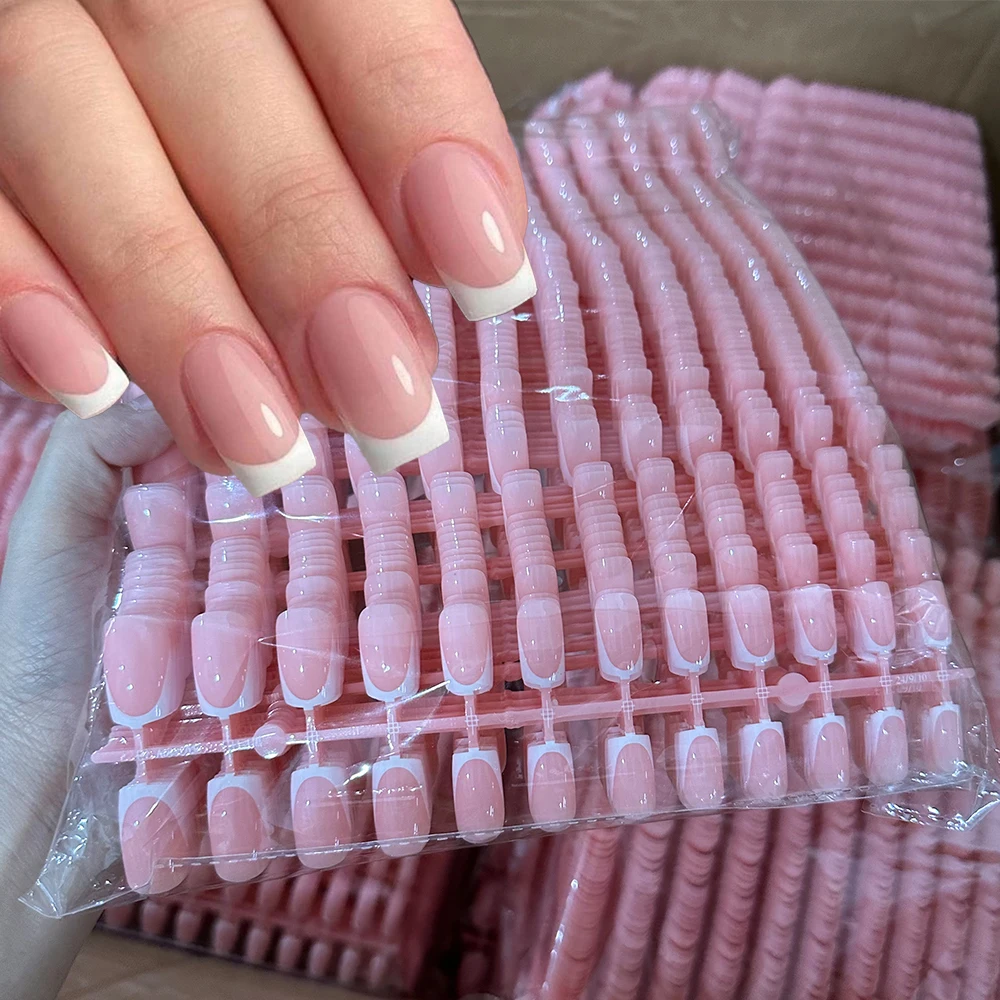 120Pcs Short Square Coffin French Fake Nails Glossy Pink  Full Cover Wearable Press on Nails Wearable Acrylic Fake Nails Tips #