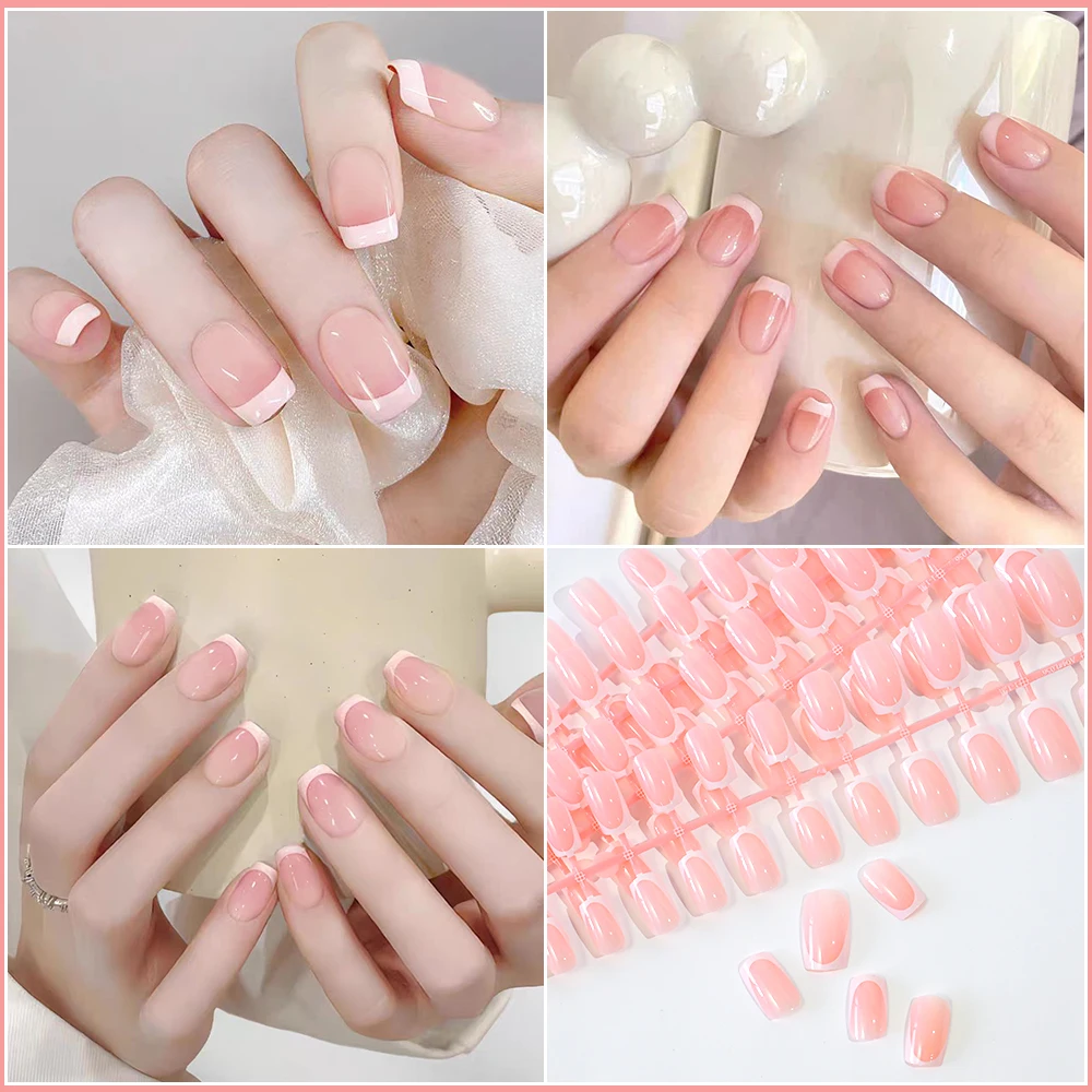 120Pcs Short Square Coffin French Fake Nails Glossy Pink  Full Cover Wearable Press on Nails Wearable Acrylic Fake Nails Tips #
