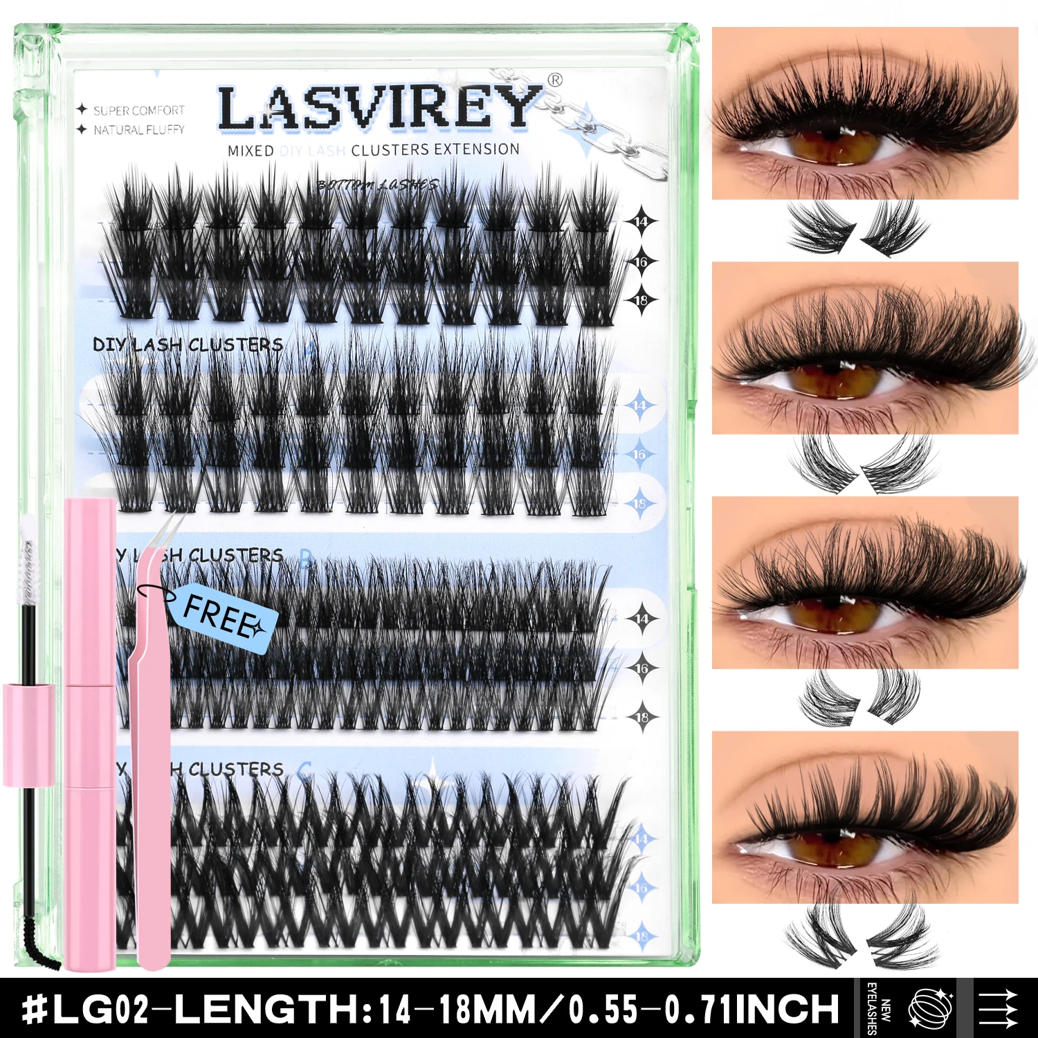 Lasvirey Cluster Lashes Kit DIY Fluffy Lash Clusters 4 IN 1 Mixed Full Set Individual Eyelashes Extension with Lash Bond & Seal