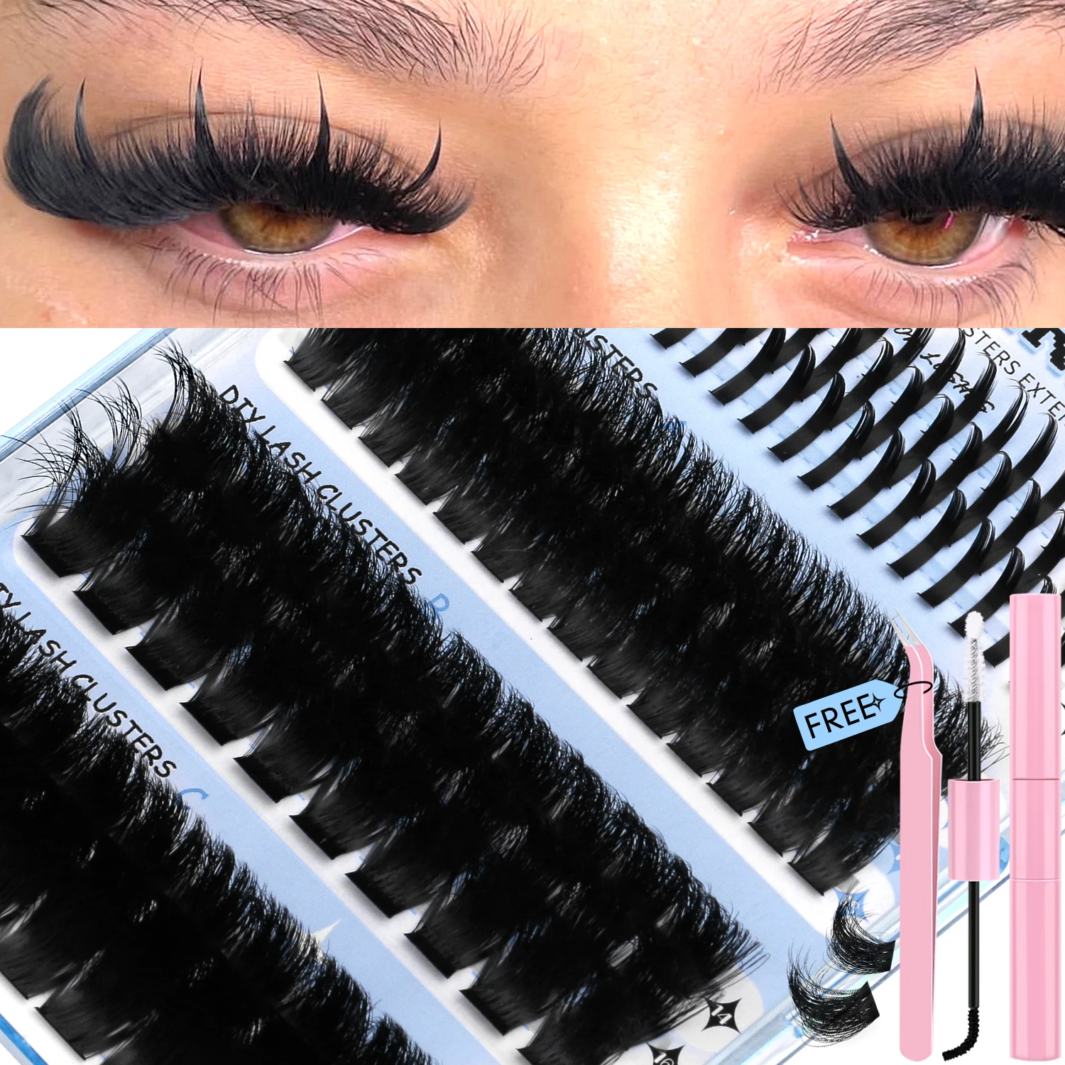 Lasvirey Cluster Lashes Kit DIY Fluffy Lash Clusters 4 IN 1 Mixed Full Set Individual Eyelashes Extension with Lash Bond & Seal