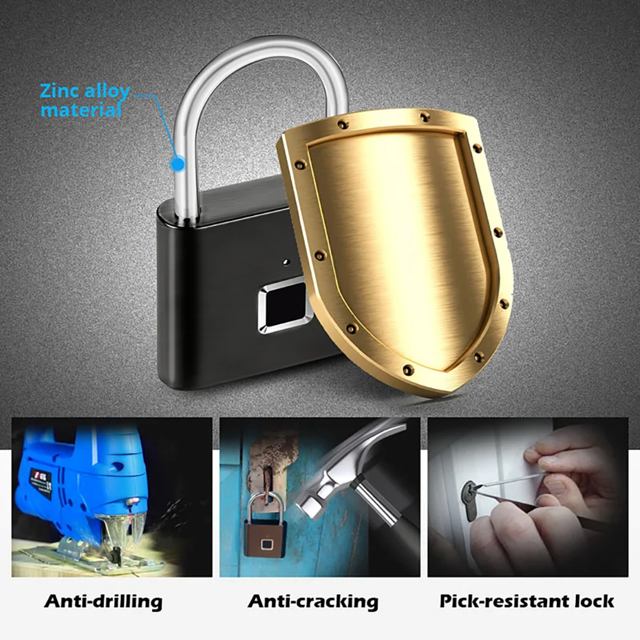 KERUI Fingerprint Lock Keyless USB Charging Smart Padlock Waterproof Door Lock 0.2sec Unlock Portable Anti-theft Padlock Zinc