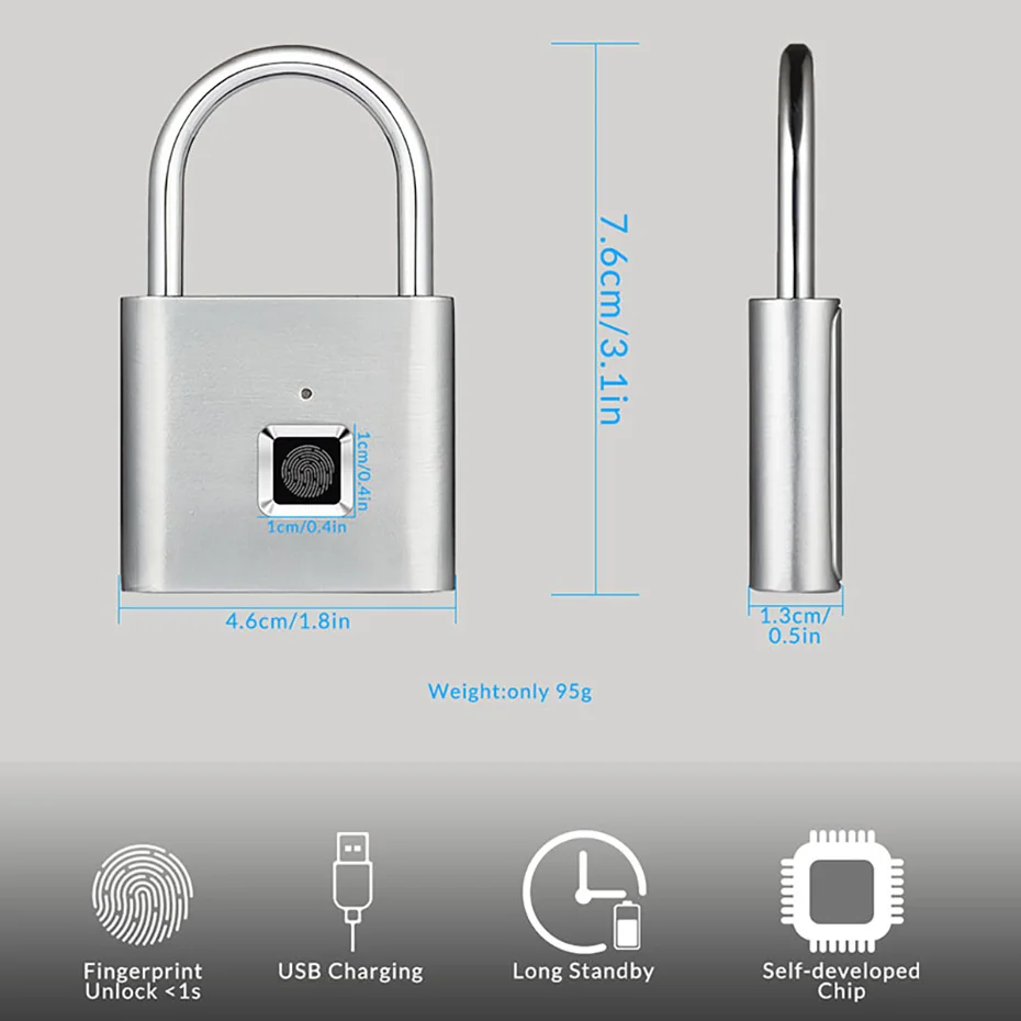 KERUI Fingerprint Lock Keyless USB Charging Smart Padlock Waterproof Door Lock 0.2sec Unlock Portable Anti-theft Padlock Zinc