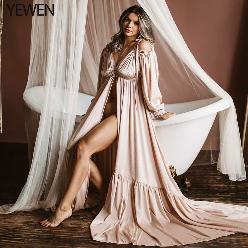 Sexy Shoulderless Satin Photography Gown Pregnancy Shooting Dress Maxi Gown for Photo Shoot Photography Props YEWEN DY21721