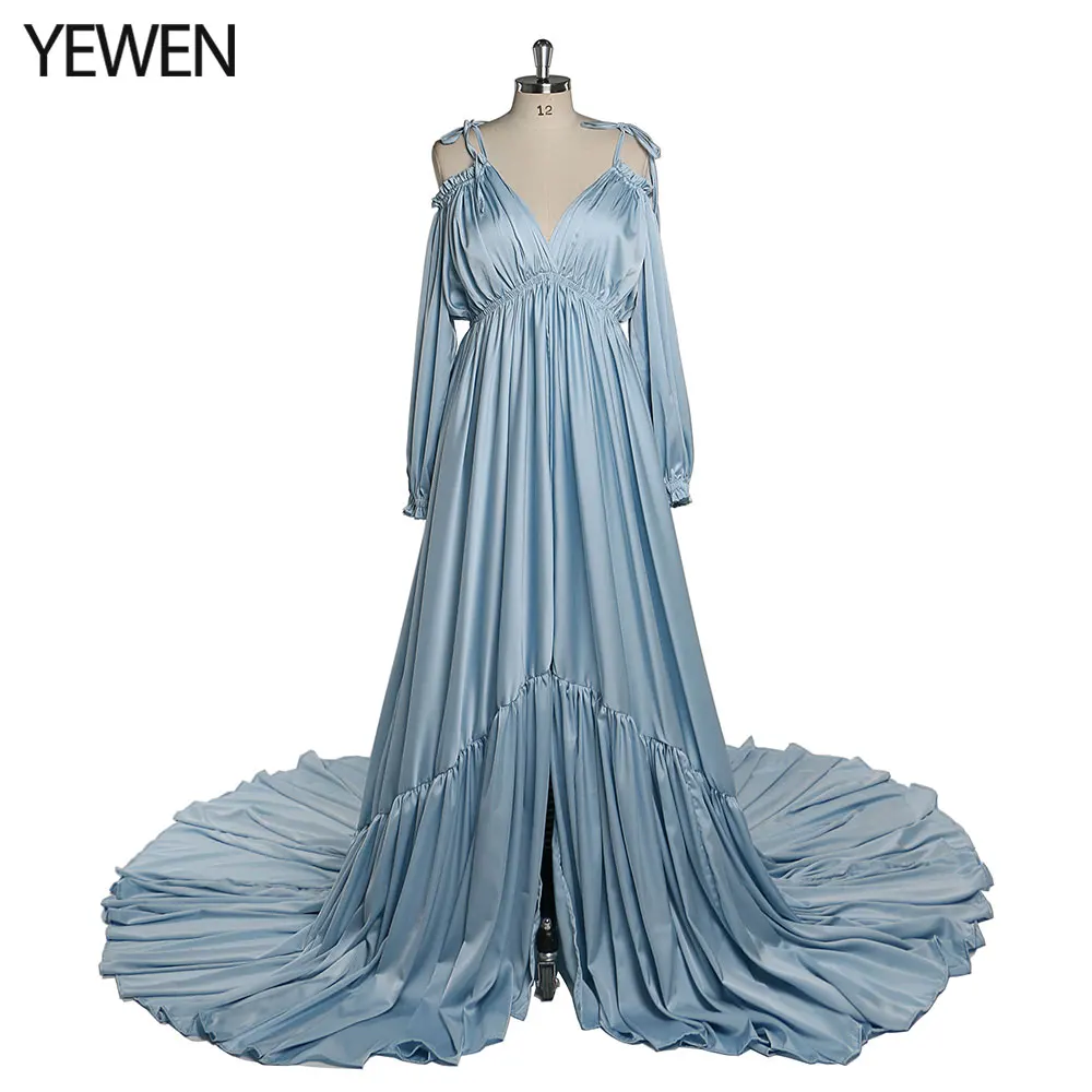 Sexy Shoulderless Satin Photography Gown Pregnancy Shooting Dress Maxi Gown for Photo Shoot Photography Props YEWEN DY21721