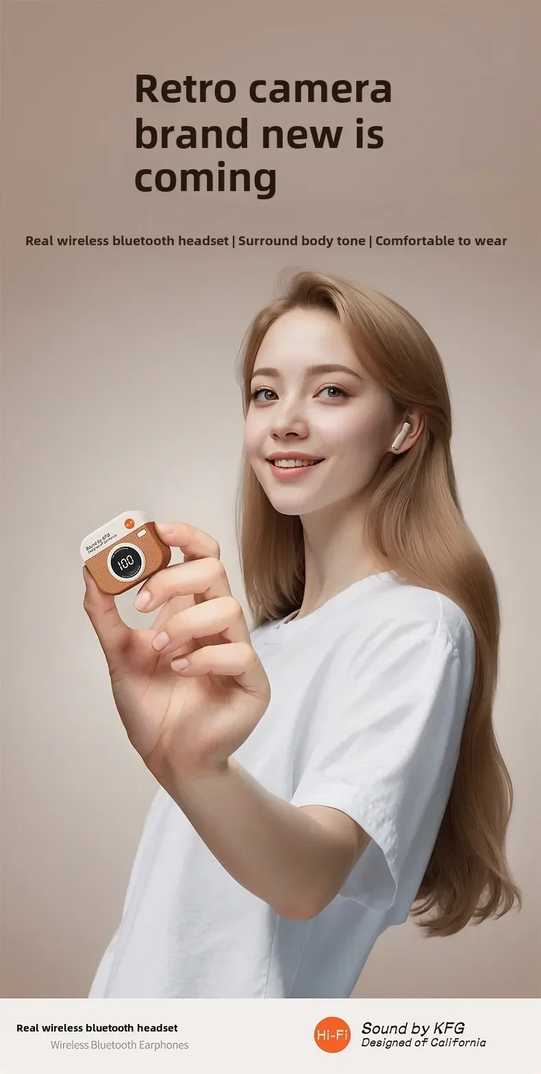Wireless Bluetooth headphones retro camera creative battery level display music headphones long-lasting battery life