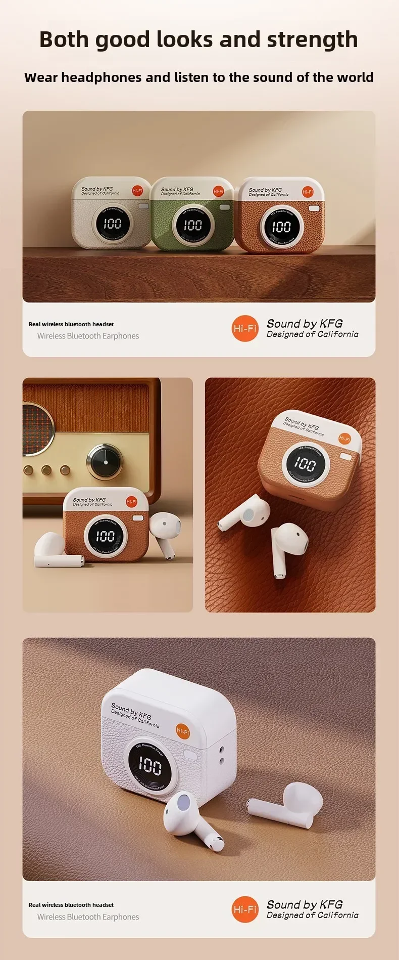 Wireless Bluetooth headphones retro camera creative battery level display music headphones long-lasting battery life