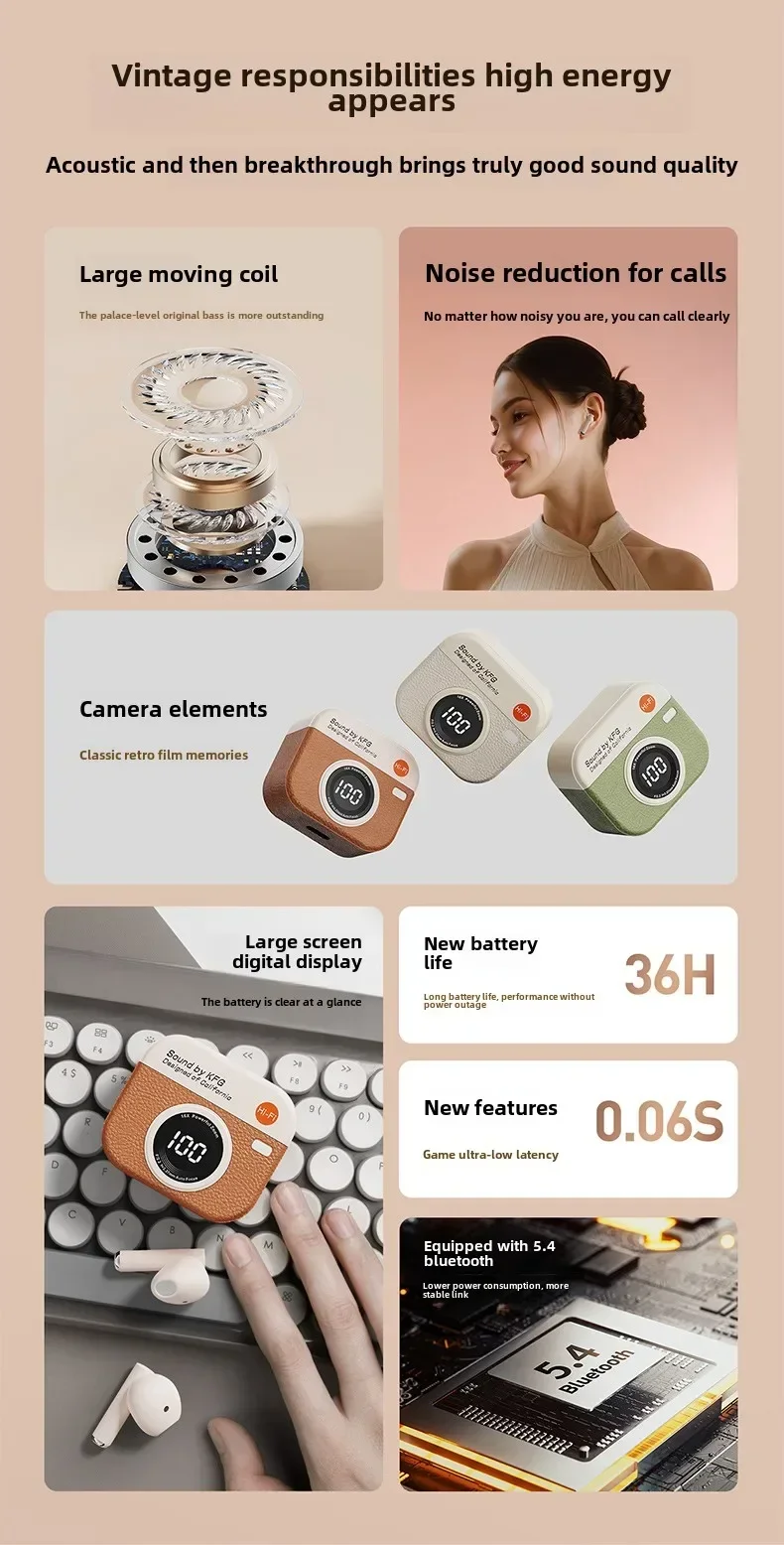 Wireless Bluetooth headphones retro camera creative battery level display music headphones long-lasting battery life