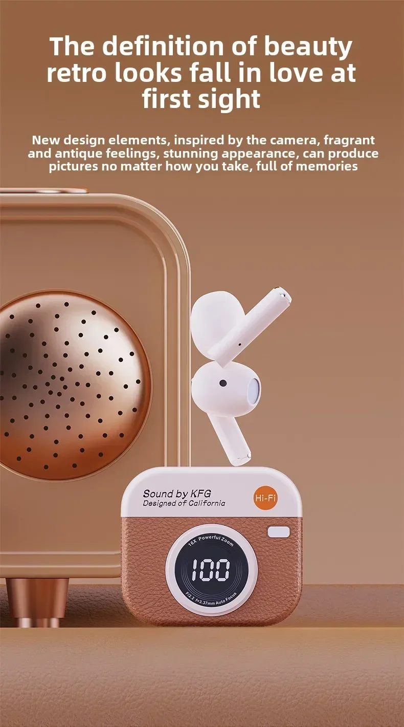 Wireless Bluetooth headphones retro camera creative battery level display music headphones long-lasting battery life