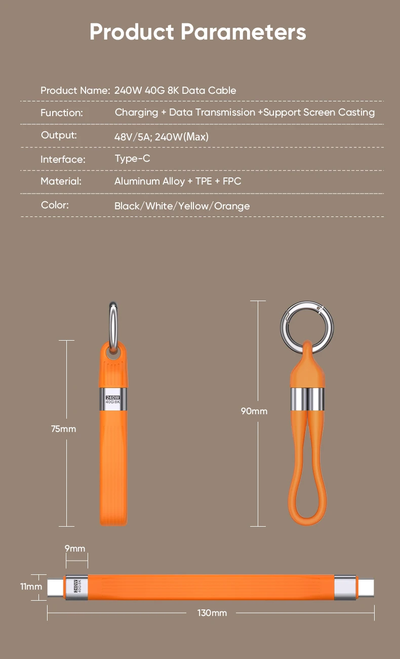 USB-C to Type-C 240W USB4.0 40Gbps Cable Keychain PD3.1 5A 8K@60Hz Data Cord For TV Laptop Tablet MacBook Video Transmission﻿
