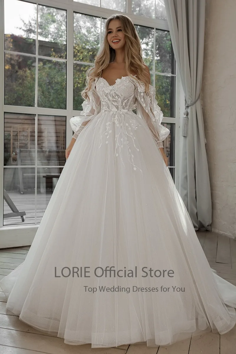 LORIE Glitter Wedding Dresses Puff Sleeve Appliques Lace 3D Flower off Shoulder Tulle Boho Bride Gown Customized vestidosdenovia