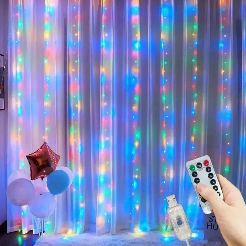Christmas Home Decoration USB 8 Modes Fairy Garland Lights LED Curtain String Lights with Remote Control for Bedroom Wedding