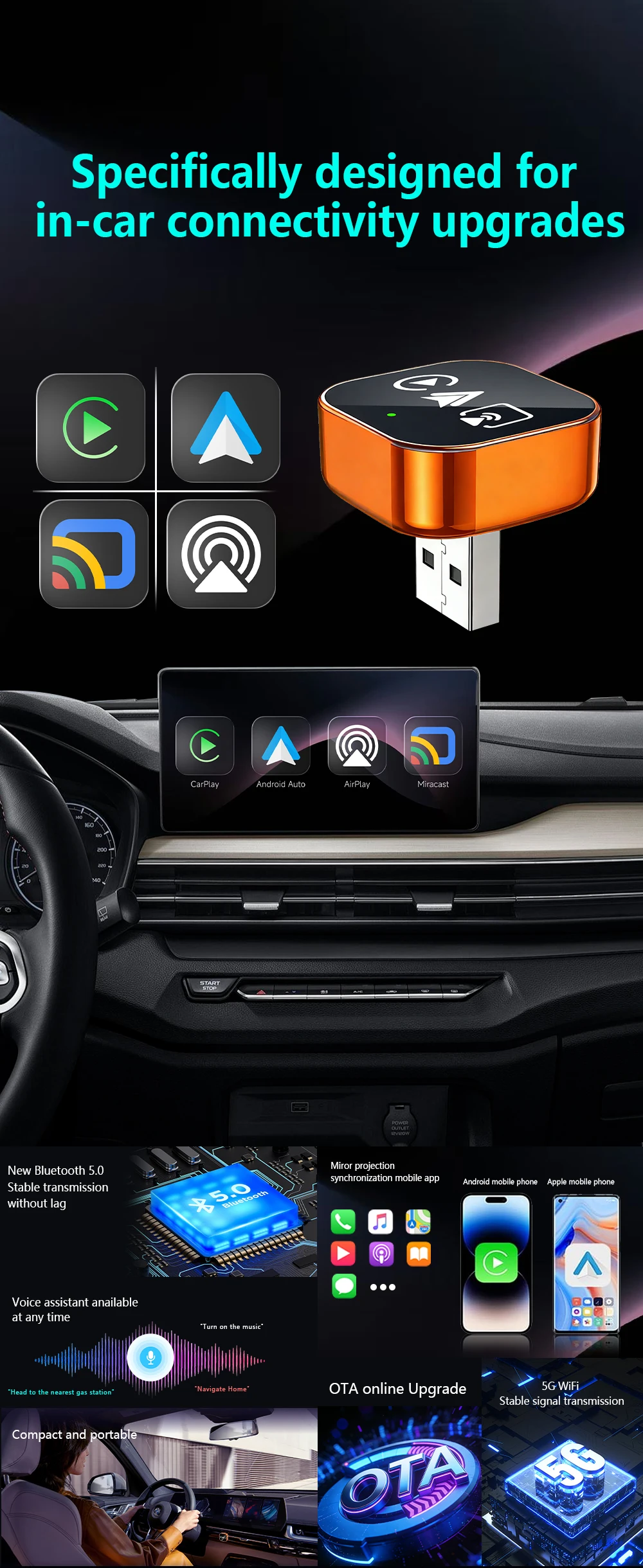 2026 Upgrade 4-in-1 Wired to Wireless CarPlay Android Auto Adapter with Screen Mirroring ios CarPlay/Android Auto/Mirroring